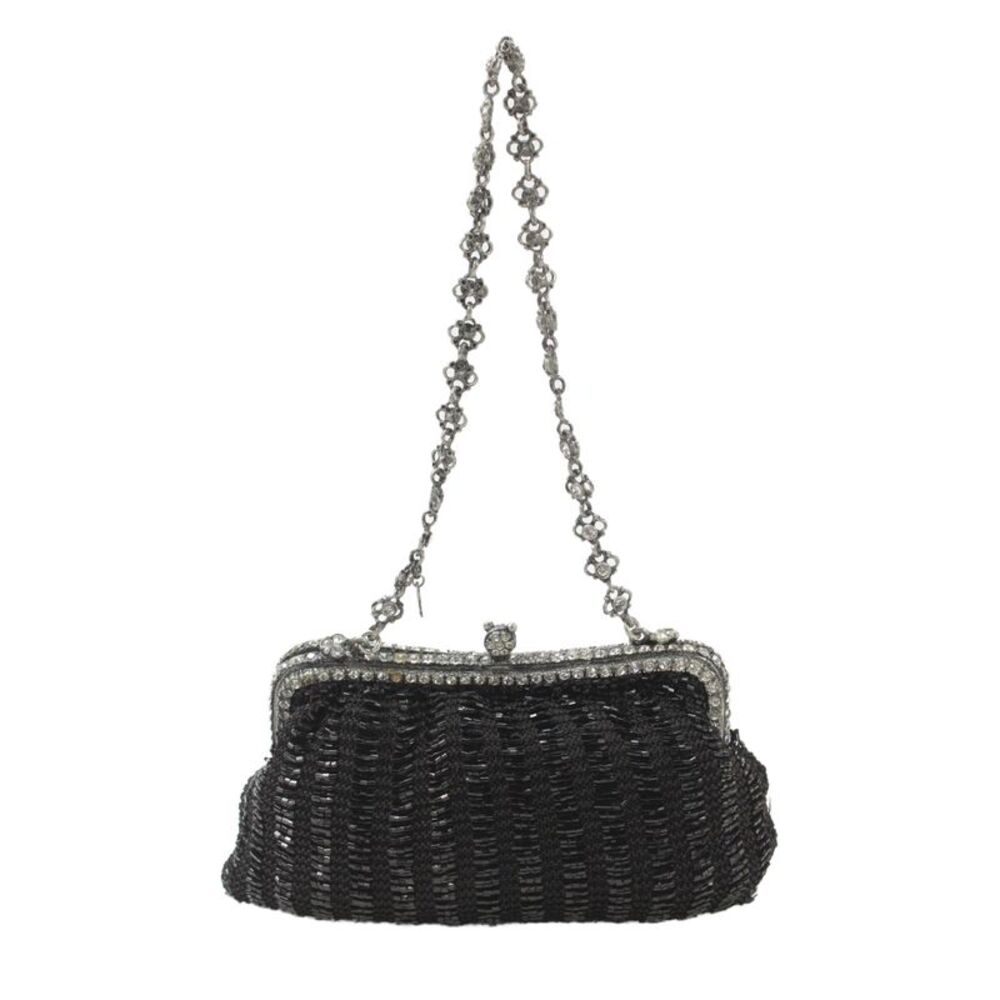 Clara Kasavina Womens Beaded Jeweled Trim Evening Shoulder Handbag Black